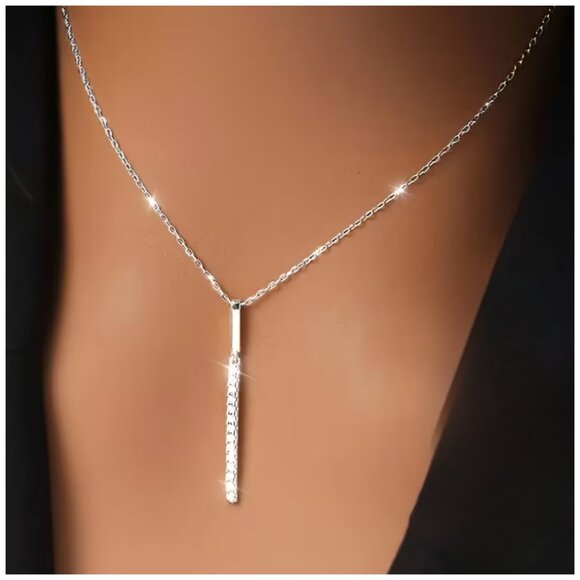 Necklace Sterling Silver Long Cubic Zirconia Oblong Pendent w/Square Settings - Picture 2 of 6